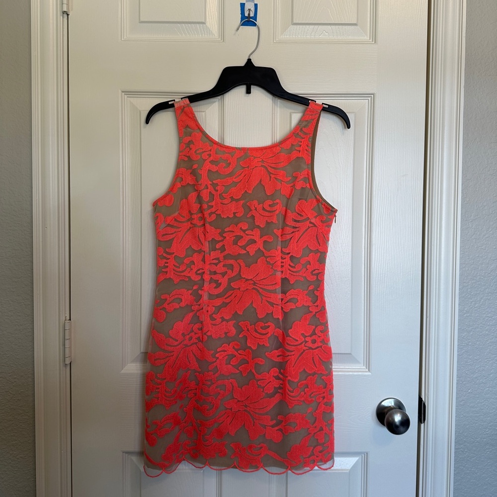 Collective Concepts Coral Lace Overlay Mini Dress